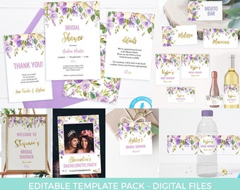 Violet Floral Party printables TEMPLATES, Invitation suite EDITABLE, Bridal Shower decoration instant download Hen Party invite bachelorette