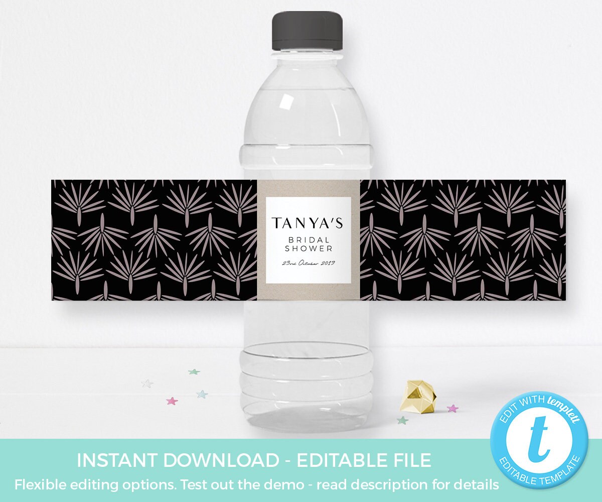 Glam Water Bottle Label TEMPLATE, Gatsby Engagement Label EDITABLE ...