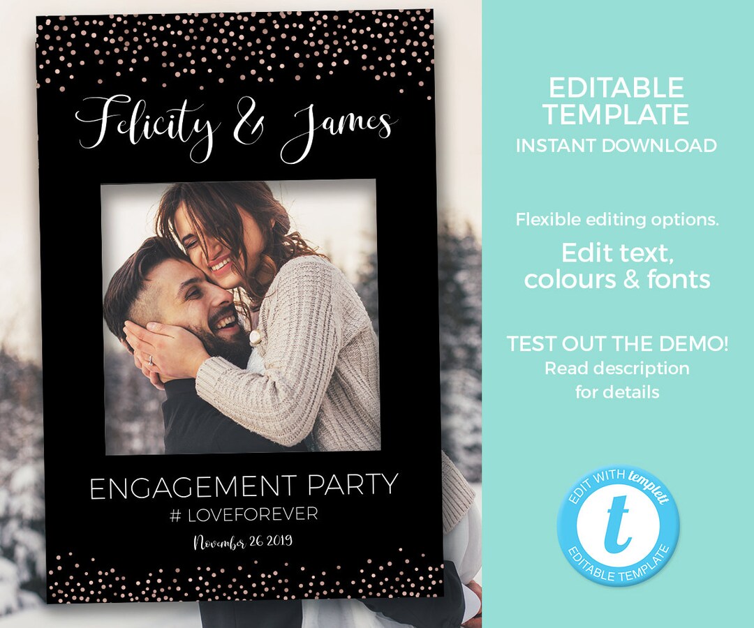 Black ROSE Gold Photo Booth Frame Template, EDITABLE Engagement Photo