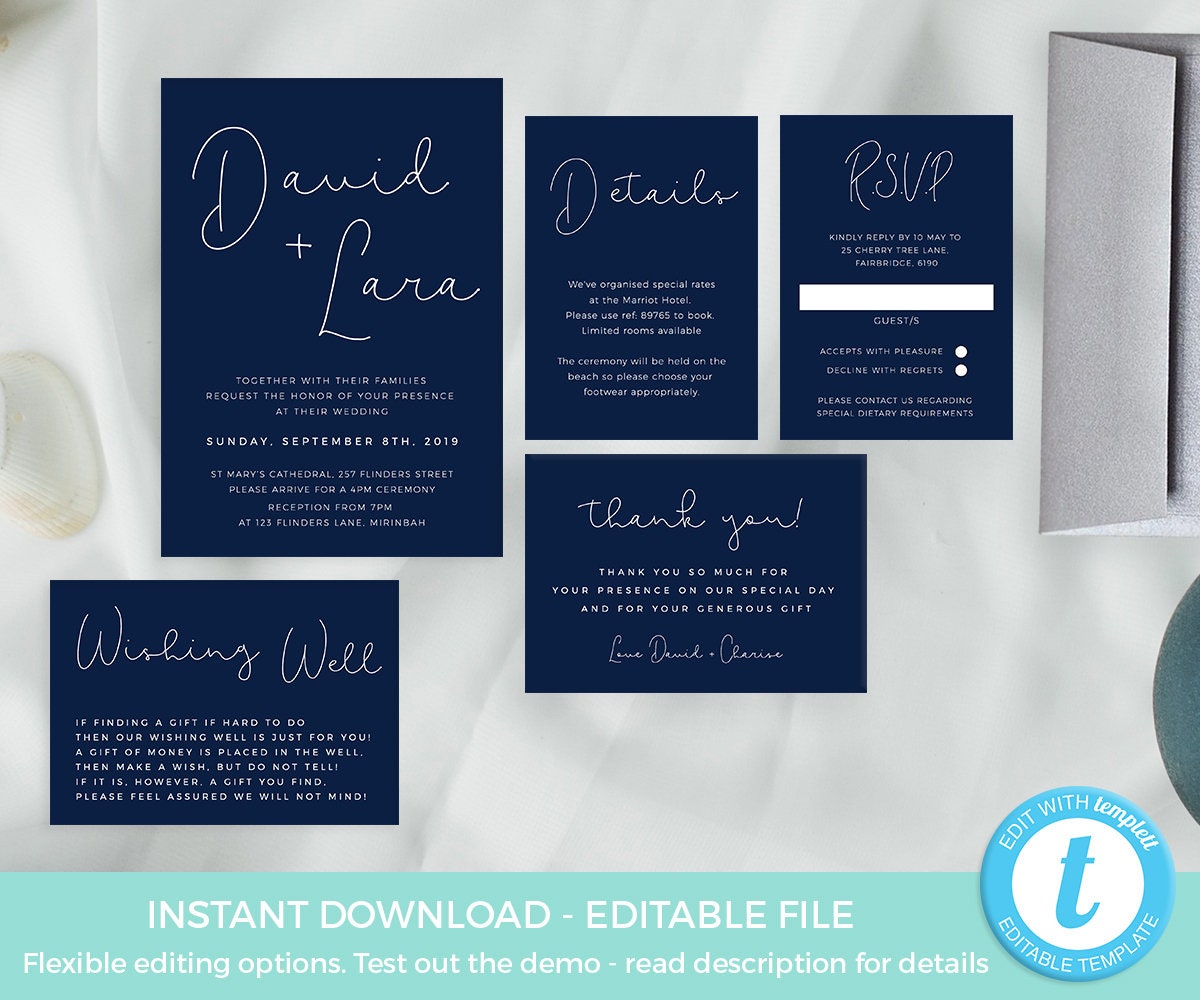 Navy Wedding Invitation Template EDITABLE Modern Wedding | Etsy
