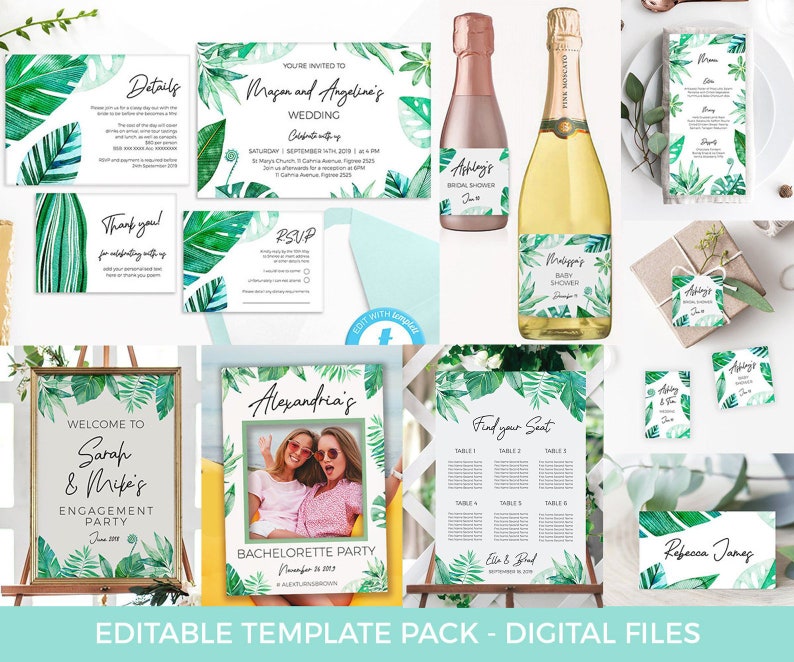 Tropical Wedding Decorations TEMPLATES, Greenery Invitations EDITABLE, Wedding Suite, Wedding stationery set Wedding invites, details, RSVP image 1