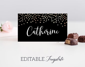 Black Place cards template, EDITABLE Gold name cards Printable, Confetti Wedding Labels, Bridal Shower Food tents, Engagement Party labels