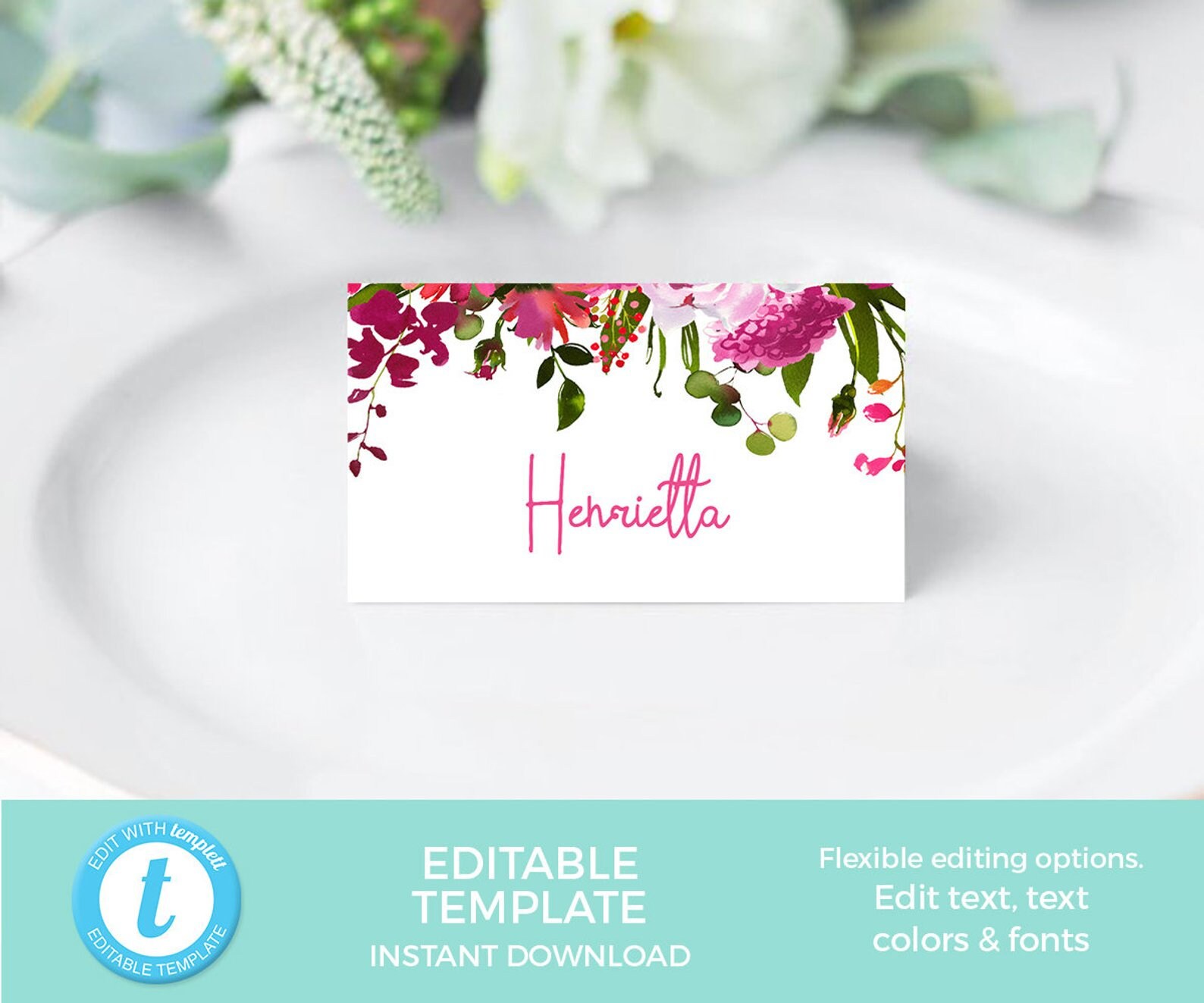 Red Floral Place Cards Template, Name Cards Wedding, Bright Pink Place ...
