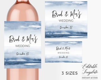 Beach Champagne Labels TEMPLATE. Navy White Wine labels EDITABLE Modern Mini Champagne bottle labels PRINTABLE, Bridal Shower, Wedding Hen