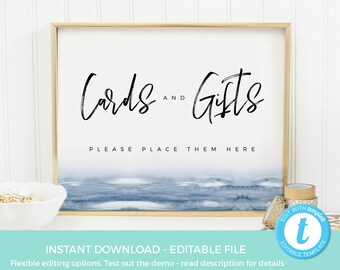 Beach Cards and Gifts Sign EDITABLE, Blue white Wedding Sign TEMPLATE, Gift Engagement Sign PRINTABLE, Bridal Shower sign, Hen Bachelorette