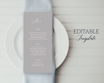 Menu gris TEMPLATE, minimal Wedding menu PRINTABLE, Grey Pink Engagement carte carte de menu EDITABLE, douche nuptiale, poule bachelorette
