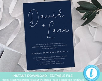 Navy Wedding Invitation Template EDITABLE, Modern Wedding Invite PRINTABLE, Elegant Engagement party invite Engagement invitation digital