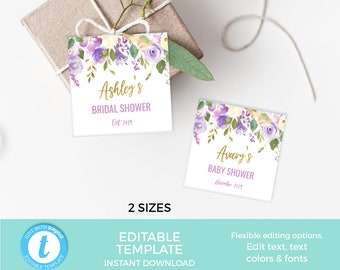 Floral Party Labels EDITABLE Template, Printable Labels, Violet Favor tags, Lilac Favour tags, Thank you tag, gift Bridal Shower, Wedding