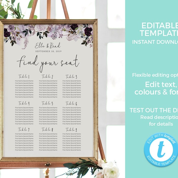 Mauve Table Seating Chart Template, Woodland Wedding Seating Chart EDITABLE, Vintage chart PRINTABLE, Engagement party seating plan pdf Hen