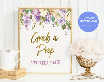 Lilac Photo Prop sign PRINTABLE. Violet Floral hen party grab a prop sign INSTANT DOWNLOAD. Purple Bridal shower sign Bachelorette sign pdf