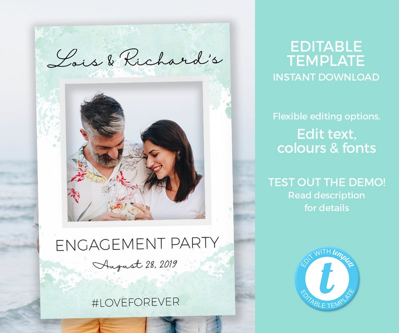 Beach Engagement photo prop PRINTABLE photobooth Aqua water splash Wedding photo booth prop Engagement party photo frame EDITABLE template