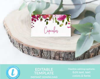 Red Floral Place cards Template, Name cards wedding, Bright pink Place cards Printable, EDITABLE Food Labels, Food tents Food card Hen party