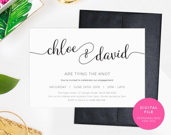 Tying the knot Engagement Invitation PRINTABLE. Calligraphy Names engagement party invite, engagement party invitation digital script gold