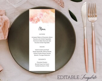 Blush menu TEMPLATE, EDITABLE Wedding menu PRINTABLE, Pink Engagement menu card placecard, floral bridal shower, hen bachelorette