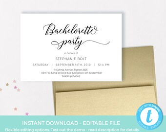 Elegant Bachelorette Party Invitation PRINTABLE. Calligraphy Bridal Shower invite TEMPLATE, Black white hen party invitation EDITABLE classy