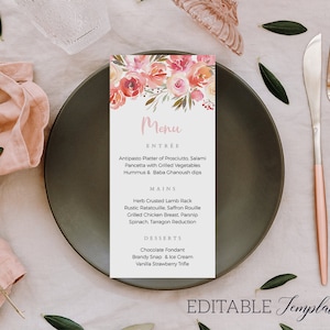 Menu Floral rose modèle modifiable, modèle de menu blush mariage, imprimable, fiançailles menu carte placecard, douche nuptiale, poule Bachelorette image 1