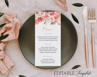 Pink Floral menu EDITABLE TEMPLATE, Blush Wedding menu template, PRINTABLE, Engagement menu card placecard, bridal shower, hen bachelorette