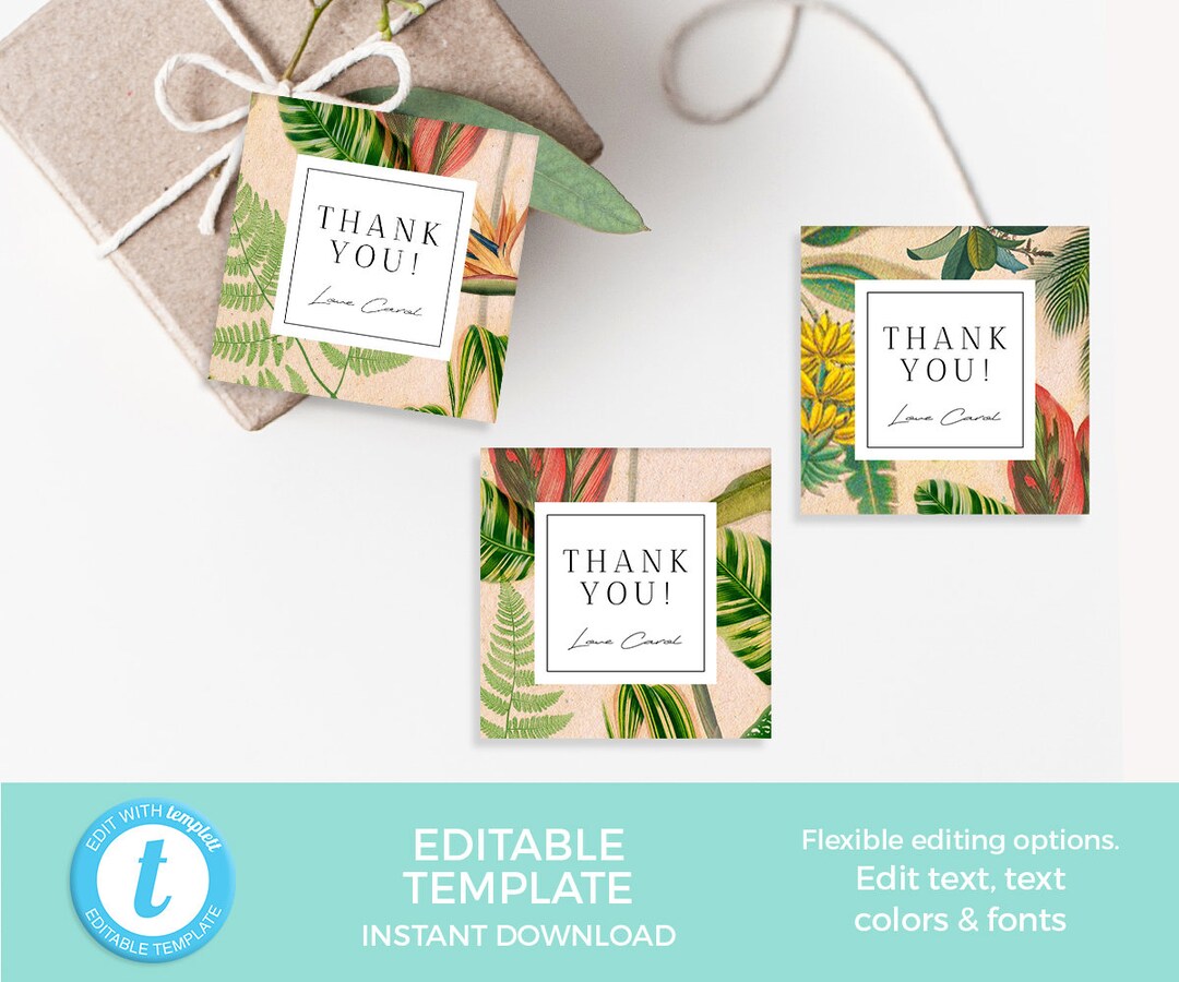 Tropical Thank You Tags TEMPLATE, Botanical Wedding Tags EDITABLE Favor ...