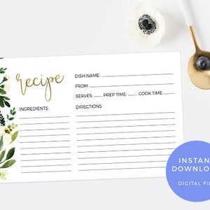 Greenery Recipe card PRINTABLE. Elegant kitchen tea recipe card INSTANT download Gold Meal planning DIY Bridal shower game Hen party image 1