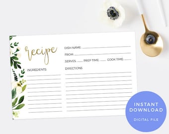 Greenery Recipe card PRINTABLE. Elegant kitchen tea recipe card INSTANT download Gold Meal planning DIY Bridal shower game Hen party
