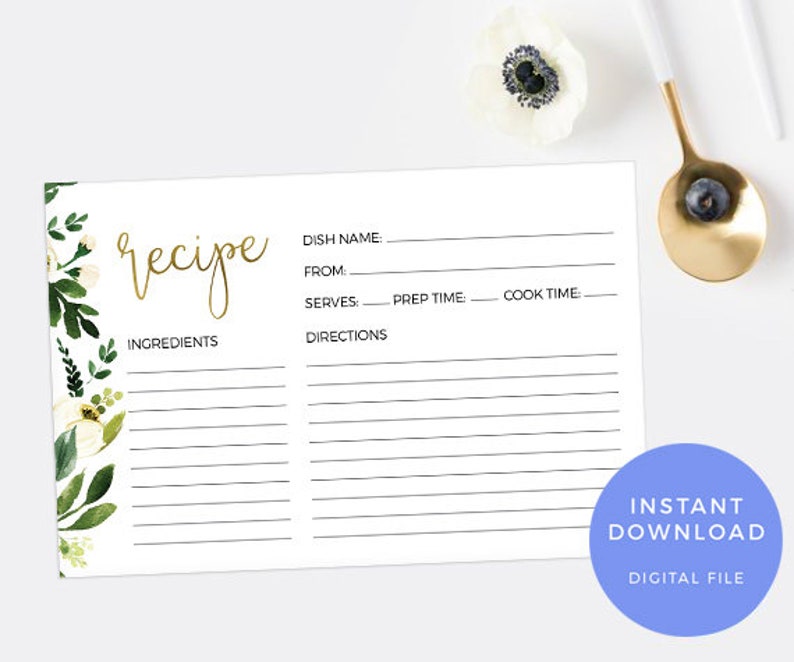 Greenery Recipe card PRINTABLE. Elegant kitchen tea recipe card INSTANT download Gold Meal planning DIY Bridal shower game Hen party image 1