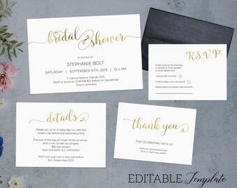 Bridal Shower Invitation suite EDITABLE, Gold bridal shower invite TEMPLATE, invitation set PRINTABLE, thank you instant download, details
