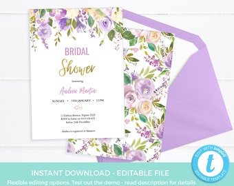 Violet Floral Bridal Shower Invitations template, EDITABLE Lilac hens party Invites PRINTABLE, engagement, wedding invitation, bachelorette