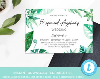 Tropical Wedding Invites EDITABLE template, Greenery Wedding Invitations PRINTABLE, Wedding reception invitations digital modern engagement