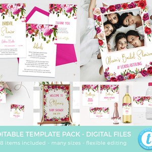 Red Floral Place Cards Template, Name Cards Wedding, Bright Pink Place ...
