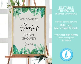 Tropical Welcome Sign EDITABLE, Bridal Shower Sign Template, Greenery Engagement Sign PRINTABLE, Wedding sign, Hen party, Bachelorette decor