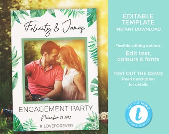 Tropical Engagement photo frame EDITABLE template, Engagement party photobooth frame, Jungle photo booth props PRINTABLE, Wedding photo prop