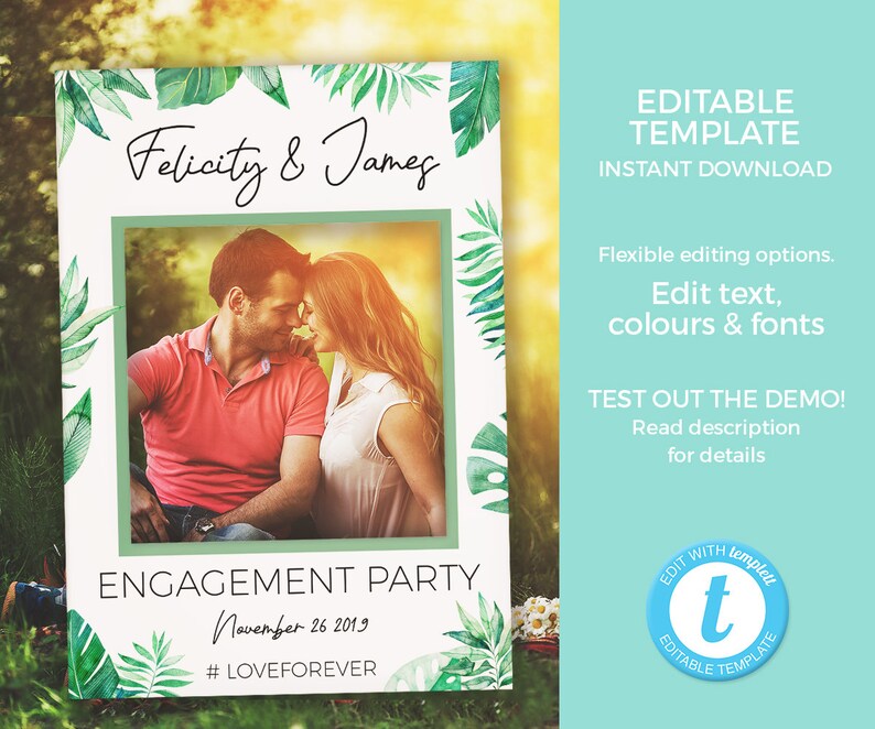 Tropical Engagement Photo Frame EDITABLE Template, Engagement Party