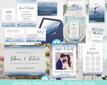 Beach Wedding Template Set, Beach Invitation EDITABLE pack, Waves Wedding Invite Suite, stationery photo frame detail RSVP wishing well sign