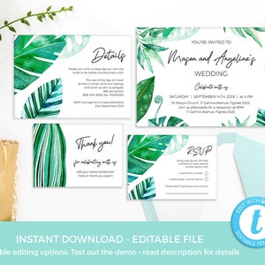 Tropical Wedding Decorations TEMPLATES, Greenery Invitations EDITABLE, Wedding Suite, Wedding stationery set Wedding invites, details, RSVP image 3