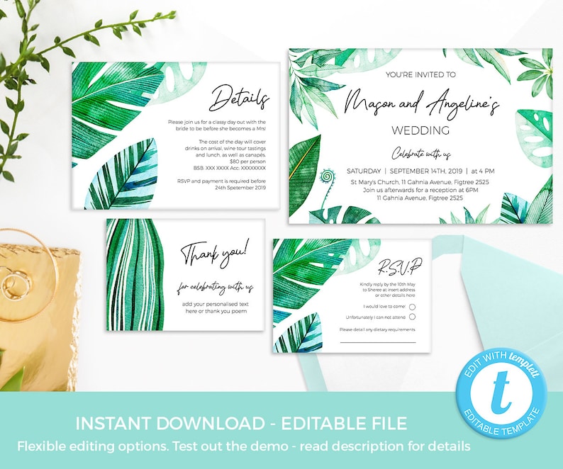 Tropical Wedding Decorations TEMPLATES, Greenery Invitations EDITABLE, Wedding Suite, Wedding stationery set Wedding invites, details, RSVP image 3