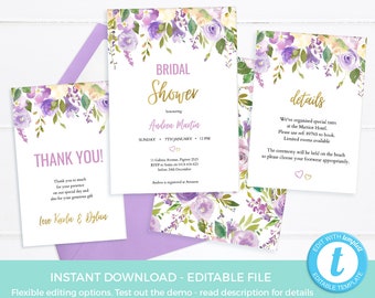 Violet Floral Invitation suite EDITABLE template, Bridal Shower stationery, thank you card, Hen Party invites set, bachelorette details card