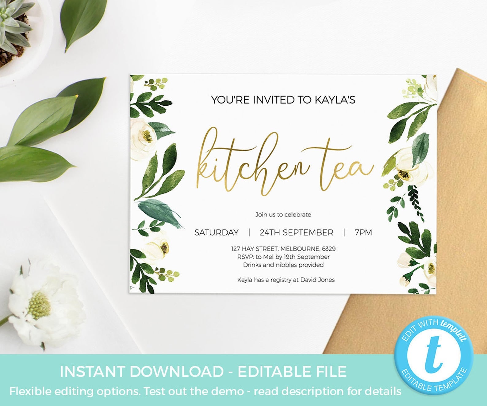 Greenery Kitchen Tea Invitation Template Kitchen Tea Invite Etsy