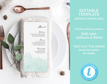 MODÈLE de menu de mariage minimaliste, seafoam engagement menu modifiable, Bridal Shower Menu carte imprimable, carte de place de menu, poule Bachelorette