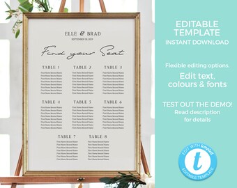 Elegant Table Seating Chart Wedding, Editable seating plan TEMPLATE, Wedding seating sign PRINTABLE, Bridal Shower Hen party Bachelorette