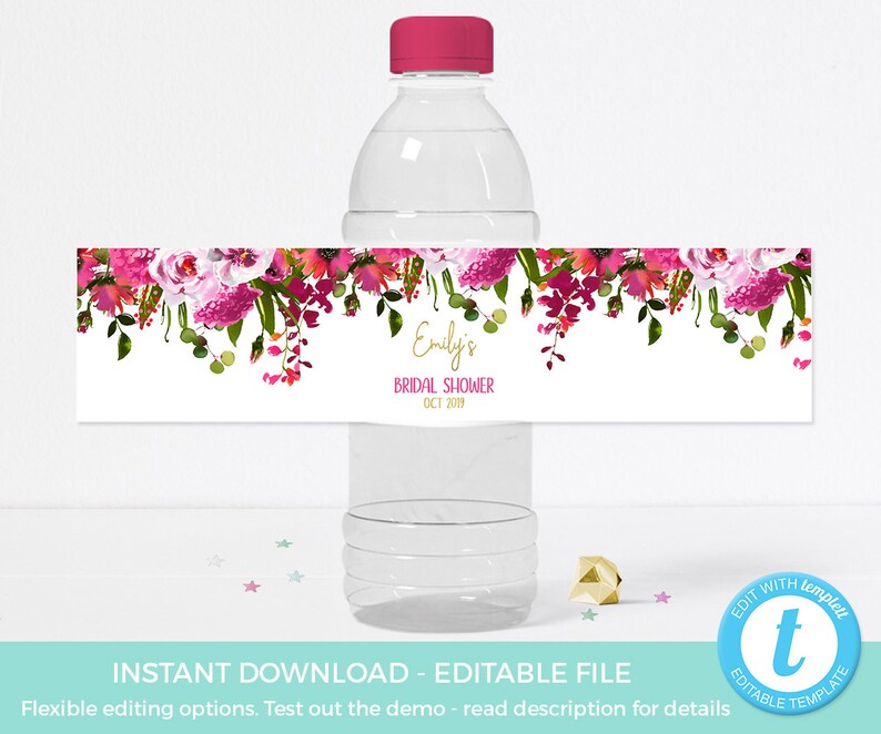 Pink Red Floral Water Bottle Label TEMPLATE EDITABLE Bottle - Etsy ...
