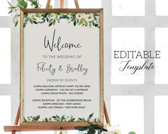 Greenery Order of Events sign template, EDITABLE Wedding welcome Sign PRINTABLE, Bachelorette Sign, Bridal Shower sign Hen party, Engagement