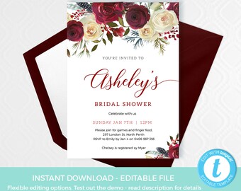 Burgundy bridal shower invite PRINTABLE. Floral Maroon Engagement invitation TEMPLATE, Elegant bachelorette EDITABLE, hen, wedding white red