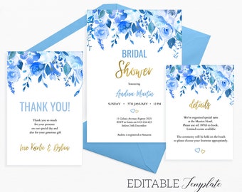 Blue Floral Invitation suite EDITABLE template, Bridal Shower stationery, thank you card, Hen Party invites set, bachelorette details card