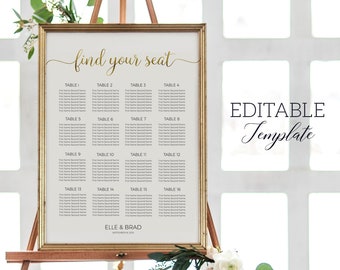 EDITABLE Table Seating Chart Wedding Minimalist TEMPLATE, Seating Chart template, Gold chart pdf, Wedding seating plan PRINTABLE Engagement