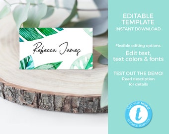 Tropical Name cards TEMPLATE, EDITABLE place cards Printable, Greenery Wedding Labels, Bridal Shower Food tents, Engagement Party food label