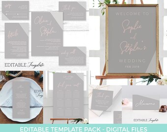 Dusty Grey Wedding Stationery PRINTABLE. Stylish grey pink Engagement Decor TEMPLATE, Editable Bridal Shower decorations, invitation suite