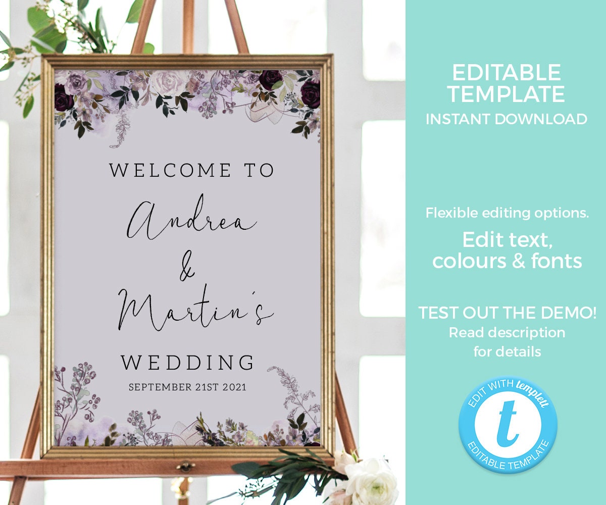 Vintage Wedding Welcome Sign TEMPLATE, Mauve Bridal Shower Sign ...