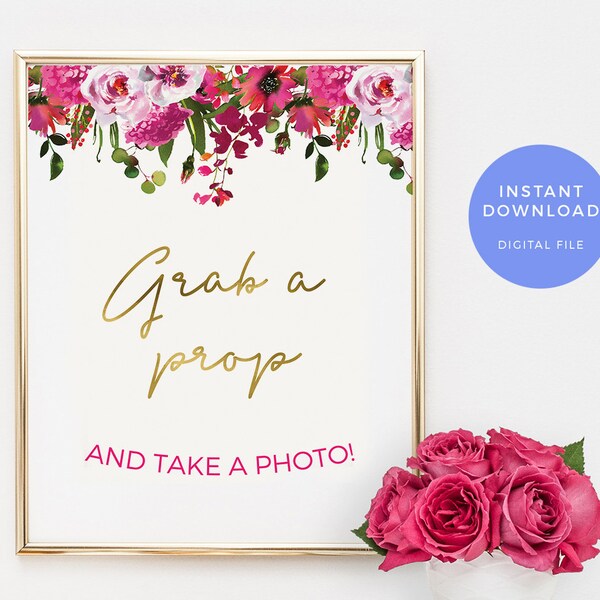 Bright Pink Floral Photo Prop sign PRINTABLE. Gold pink hen party sign INSTANT DOWNLOAD. Bridal shower sign Bachelorette sign pdf jpeg