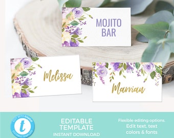 Floral Place cards EDITABLE Template, Violet Bridal shower name cards, Printable Food Labels, Lilac Food tent Favor tag, Wedding Party label