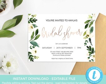 Bridal Shower invite template, Greenery Bridal Shower invitation PRINTABLE, editable INSTANT DOWNLOAD rose gold party Gold shower digital